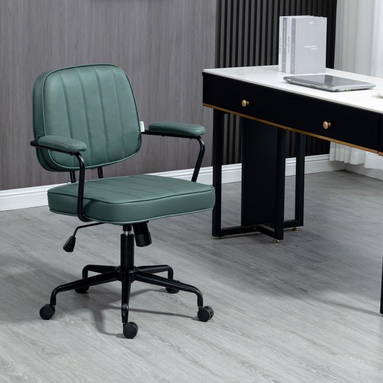 Green swivel office chair with padded seat, curved backrest, armrests, and rolling casters