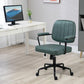 Green swivel office chair with padded seat and backrest, armrests, and casters