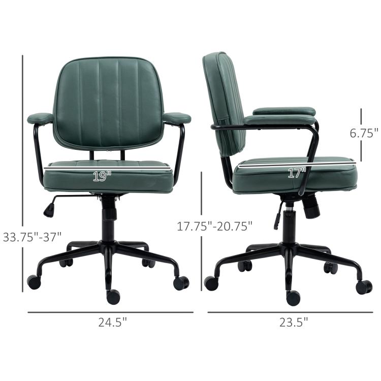 Green office chair with padded seat and back, armrests, and adjustable height stem