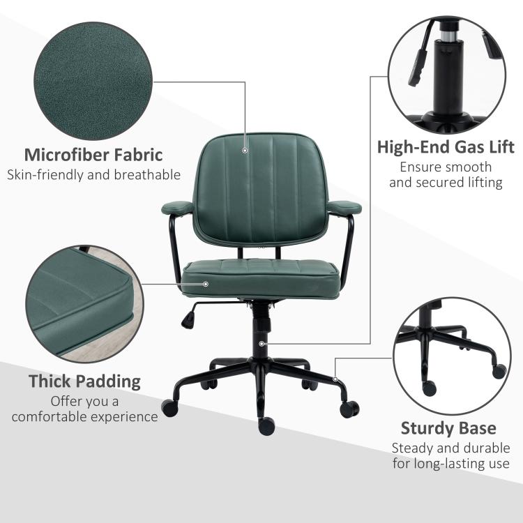 Green office chair with microfiber-textured upholstery, thick padding, and sturdy base