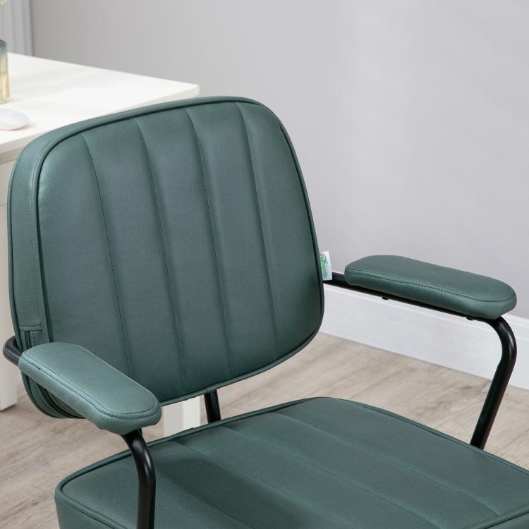 Green upholstered office chair with padded backrest and seat, armrests, and smooth casters