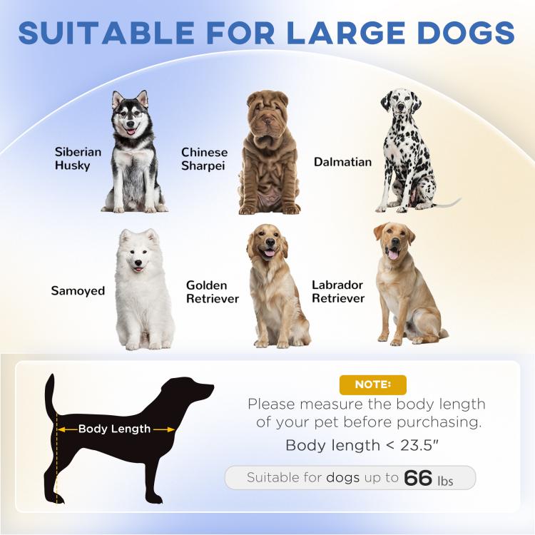 Green pet sofa bed with padded top, shown with large-dog sizing guide