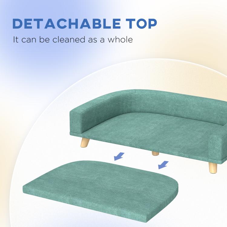 Green pet sofa bed with detachable top panel and wooden legs