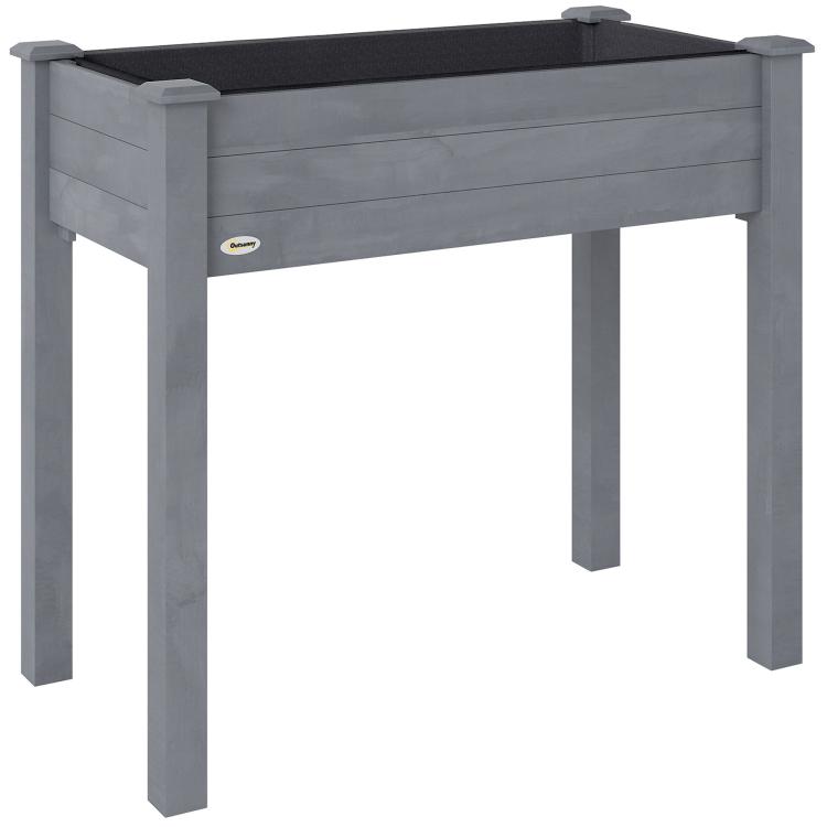 Dark gray rectangular wooden raised garden bed with open top and four corner legs
