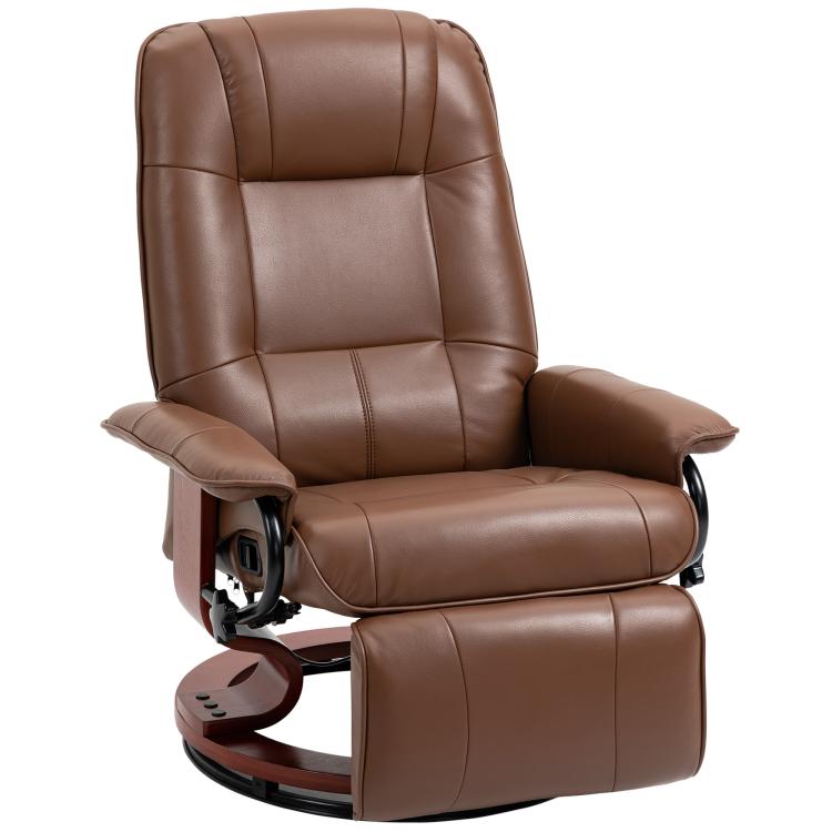 Brown manual recliner lounge chair with padded armrests and circular swivel base