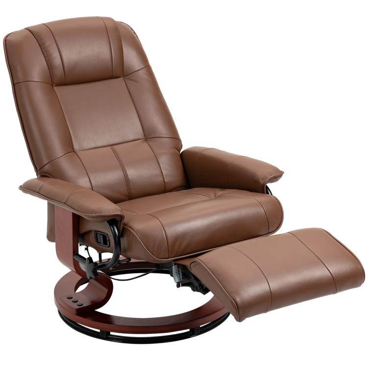 Brown leather manual swivel recliner with extended footrest and padded armrests