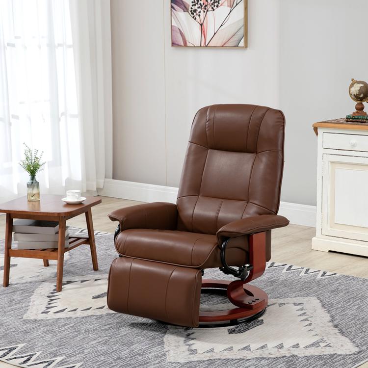 Brown leather-look recliner with built-in footrest and padded armrests