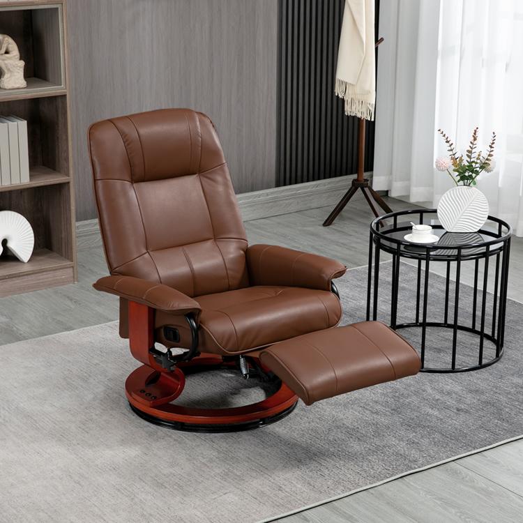 Brown leather-look swivel recliner with extended footrest and thick seat cushions