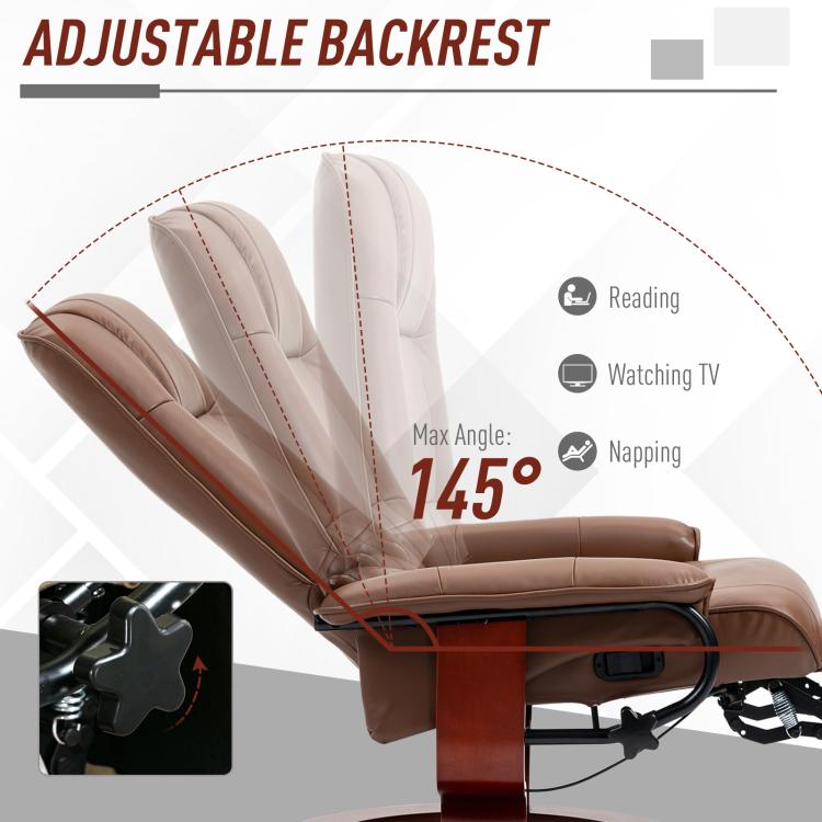 Brown recliner chair shown from side with raised backrest and foot platform