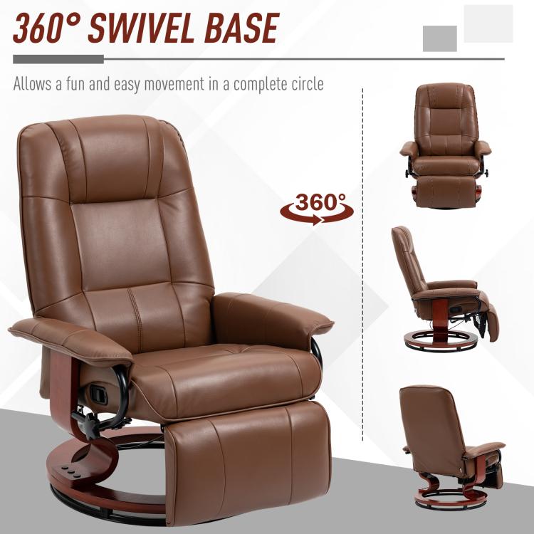 Brown swivel recliner chair on circular base with padded back and armrests