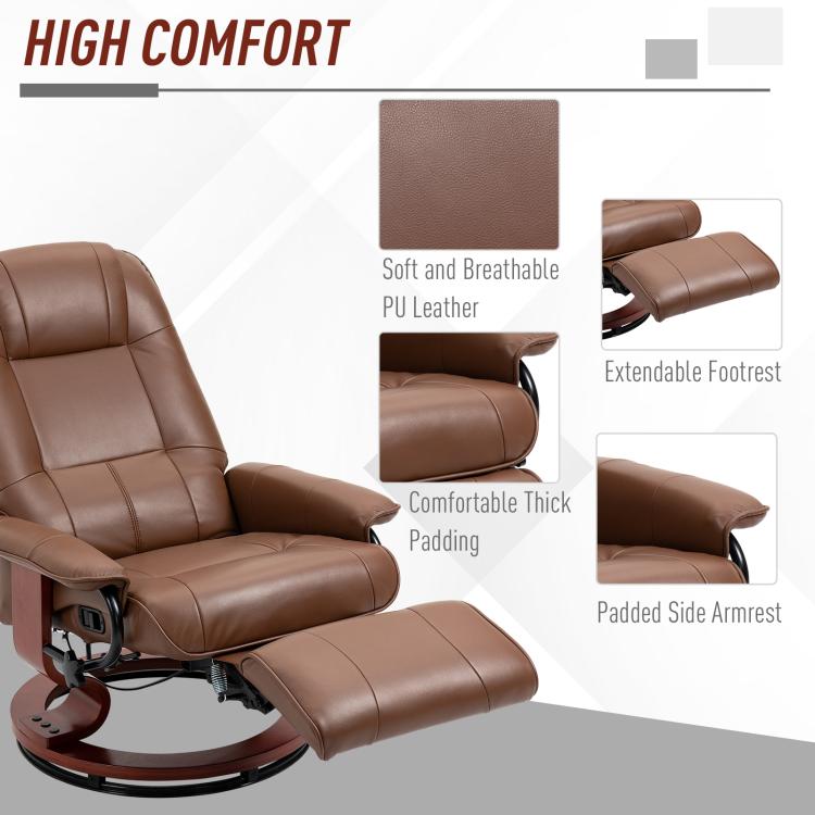Brown recliner chair with extendable footrest and padded side armrest