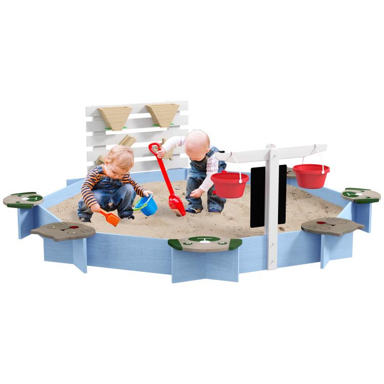 Blue wooden sandbox with sand play area, white posts, wooden panels, and red toy buckets