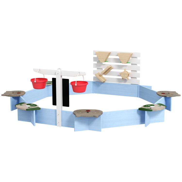 Blue wooden sandbox corner view with sand area, white posts, wooden panels, and red buckets