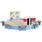 Blue wooden sandbox with sand bed, white frame, black side panel, and play shelves