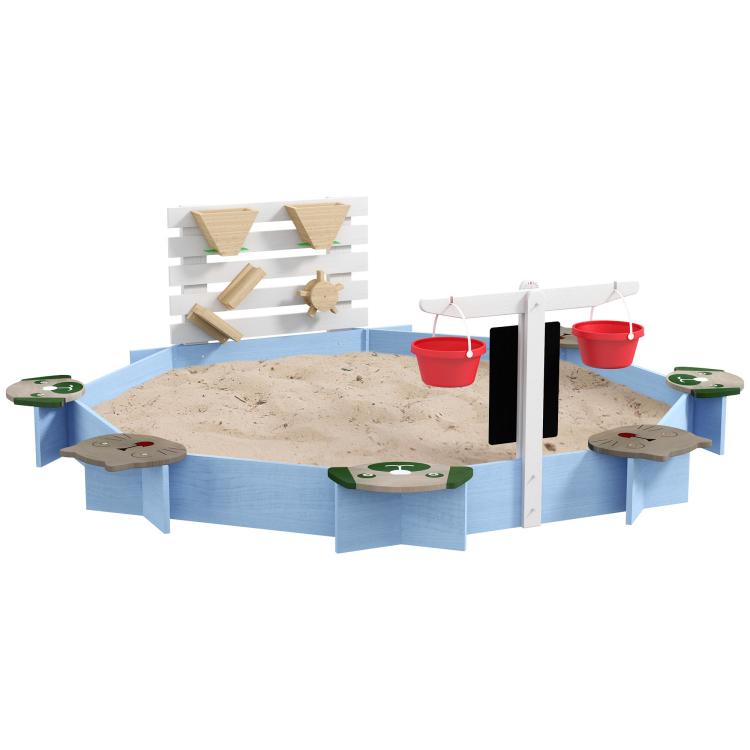 Blue wooden sandbox with sand bed, white frame, black side panel, and play shelves