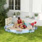 Blue wooden sandbox with children playing in sand, white side panels, and red buckets