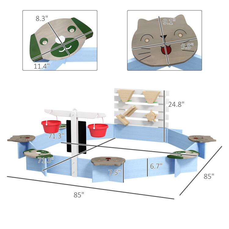 Blue wooden sandbox with size diagram and animal-pattern side seats