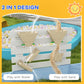 Blue wooden sandbox with water splash over sand play area and wooden panel ramps