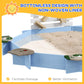 Blue wooden sandbox interior with sand tray, wooden ramp pieces, and green side seats