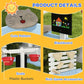 Blue wooden sandbox product features: animal seat, blackboard panel, and plastic bucket accessories