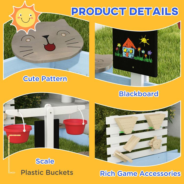 Blue wooden sandbox product features: animal seat, blackboard panel, and plastic bucket accessories