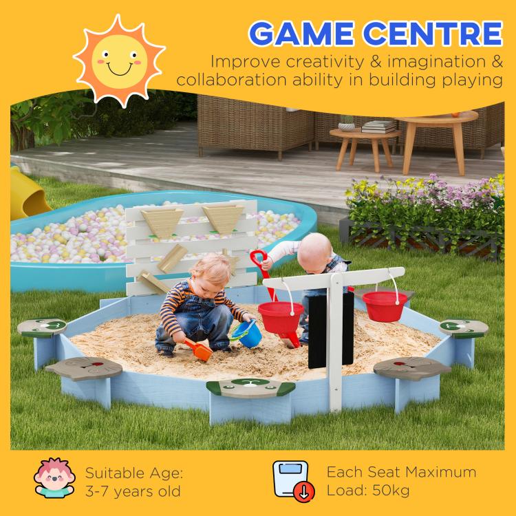 Blue wooden sandbox with kids playing, red buckets, and animal-pattern side seats