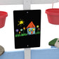 Blackboard panel attached to a blue wooden sandbox post with red plastic buckets