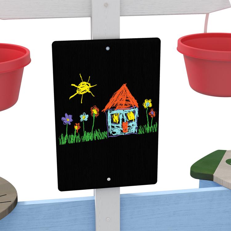 Blackboard panel attached to a blue wooden sandbox post with red plastic buckets