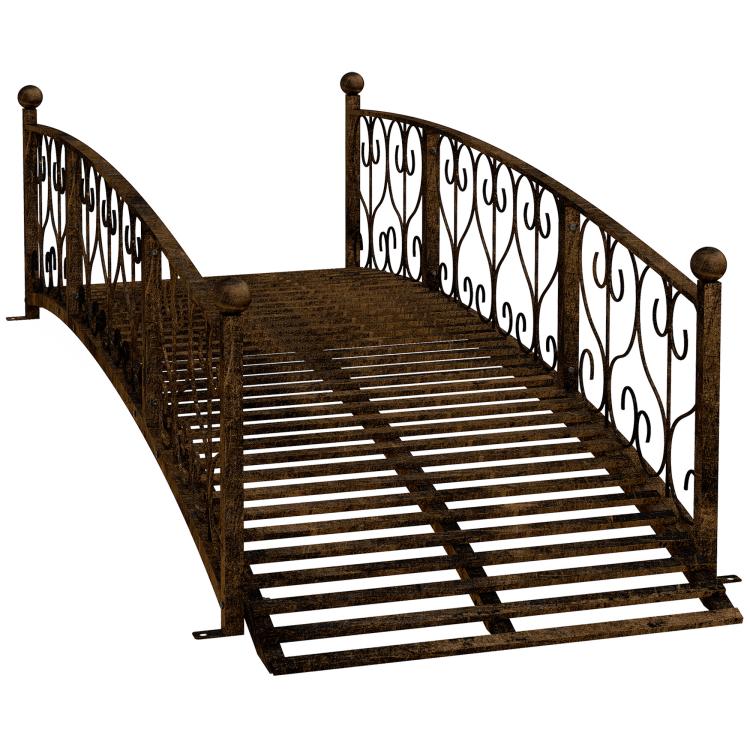 Bronze metal arched garden footbridge with scroll side railings and slatted steps