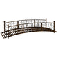 Bronze metal straight garden footbridge with decorative scroll side railings and slatted deck