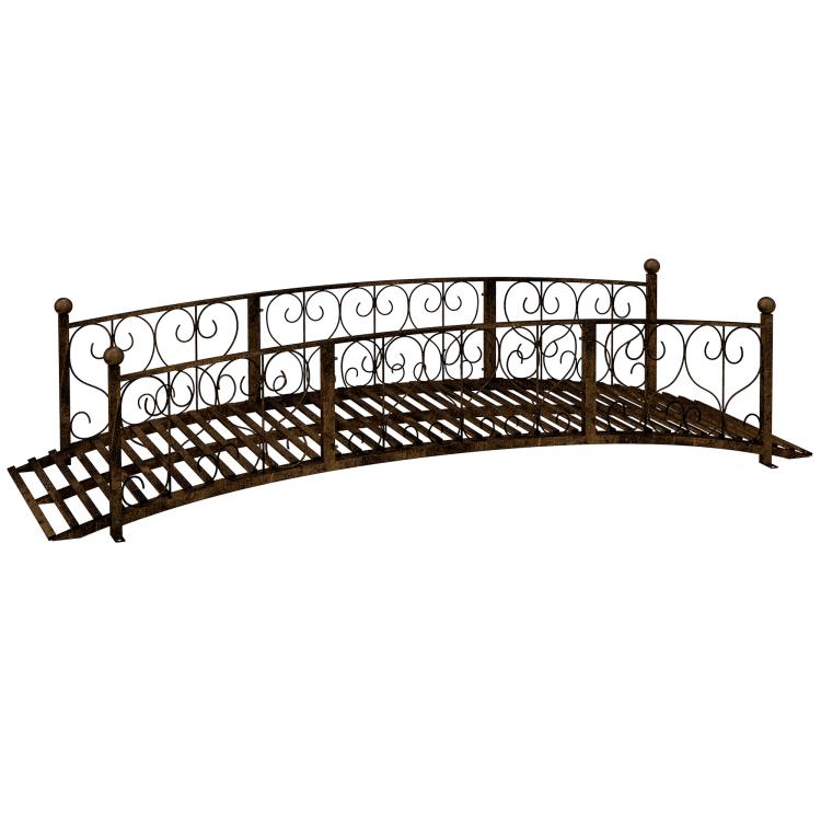 Bronze metal straight garden footbridge with decorative scroll side railings and slatted deck