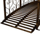 Bronze metal garden bridge deck with slatted walkway and scrollwork side rails