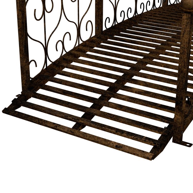 Bronze metal garden bridge deck with slatted walkway and scrollwork side rails
