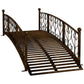 Bronze metal arch garden bridge with slatted deck and decorative scrollwork railings