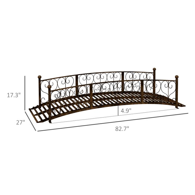 Bronze metal footbridge dimensions view with scroll side rails and slatted surface