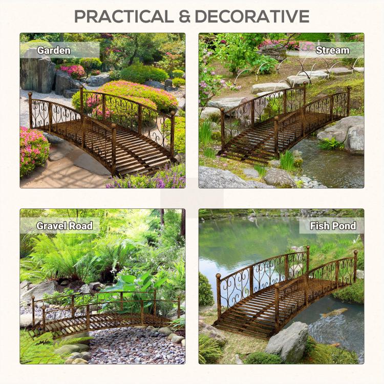 Bronze metal garden footbridge shown in multiple outdoor landscape scenes