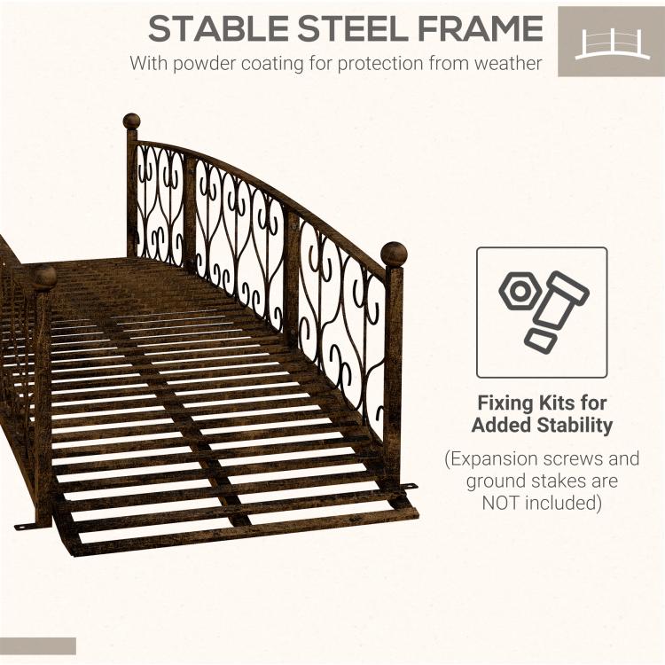 Bronze metal arched footbridge on a steel frame with scroll guardrails