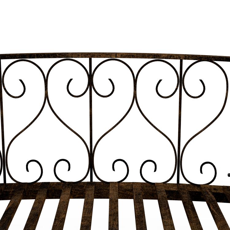 Close-up of bronze metal scrollwork side railing panel with heart motif