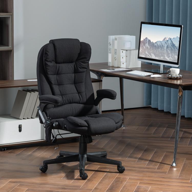 Black high-back massage office chair with foot base and padded armrests