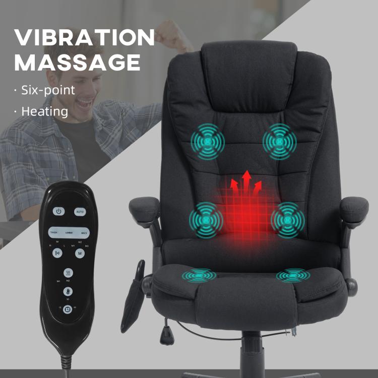 Black massage office chair showing vibrating nodes and red heat area on seat