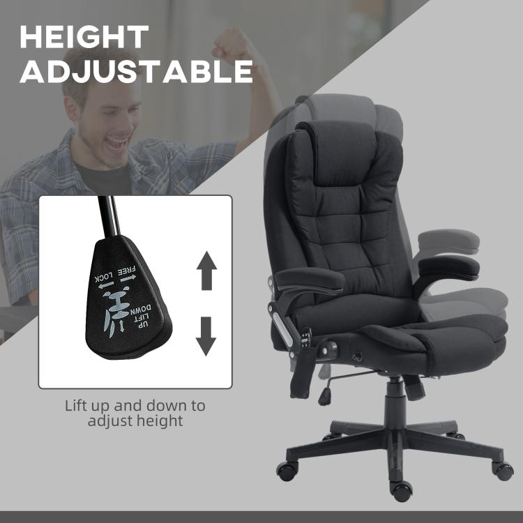 Black height-adjustable massage chair with remote control and padded headrest