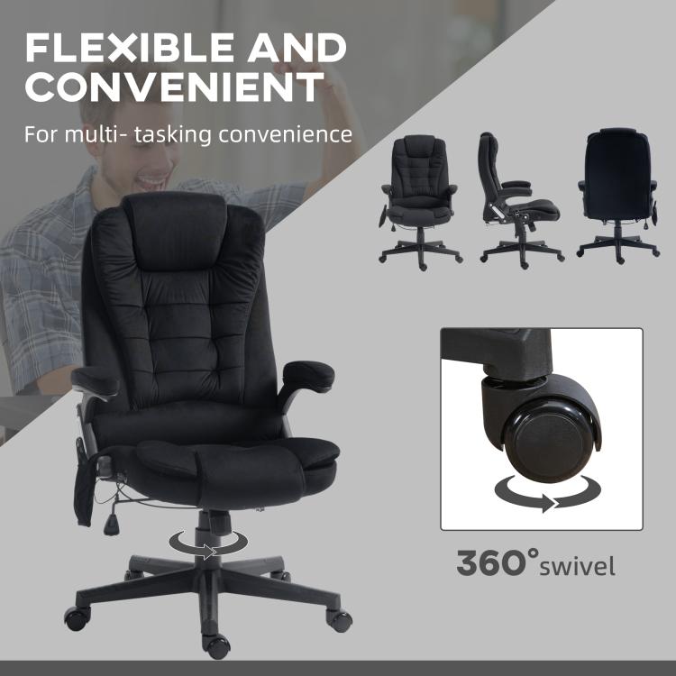 Black massage office chair with 360-degree swivel base and swivel foot pads