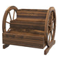 Wooden wagon planter box with tiered wooden beds and two side wheels, dark stained