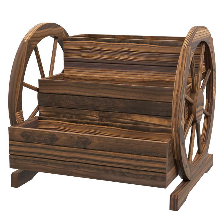 Wooden wagon planter box with tiered wooden beds and two side wheels, dark stained