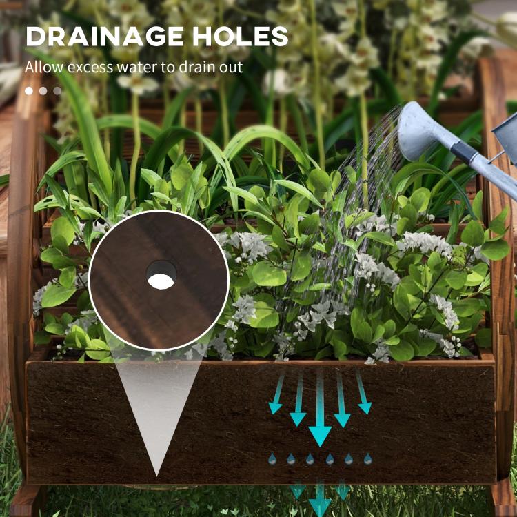 Wooden wagon planter box with drainage holes, filled with plants