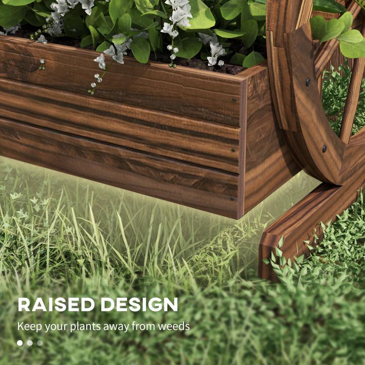 Wooden raised wagon planter box with wheel base, close-up of wooden side boards