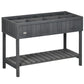 Dark gray raised wooden planter box with open shelf and multi-slot top