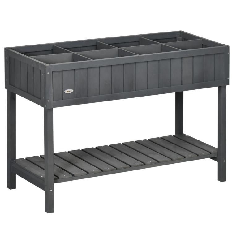 Dark gray raised wooden planter box with open shelf and multi-slot top