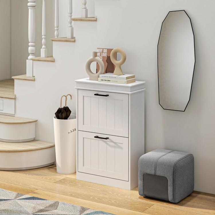 White shoe storage cabinet with two flip drawers and black bar handles