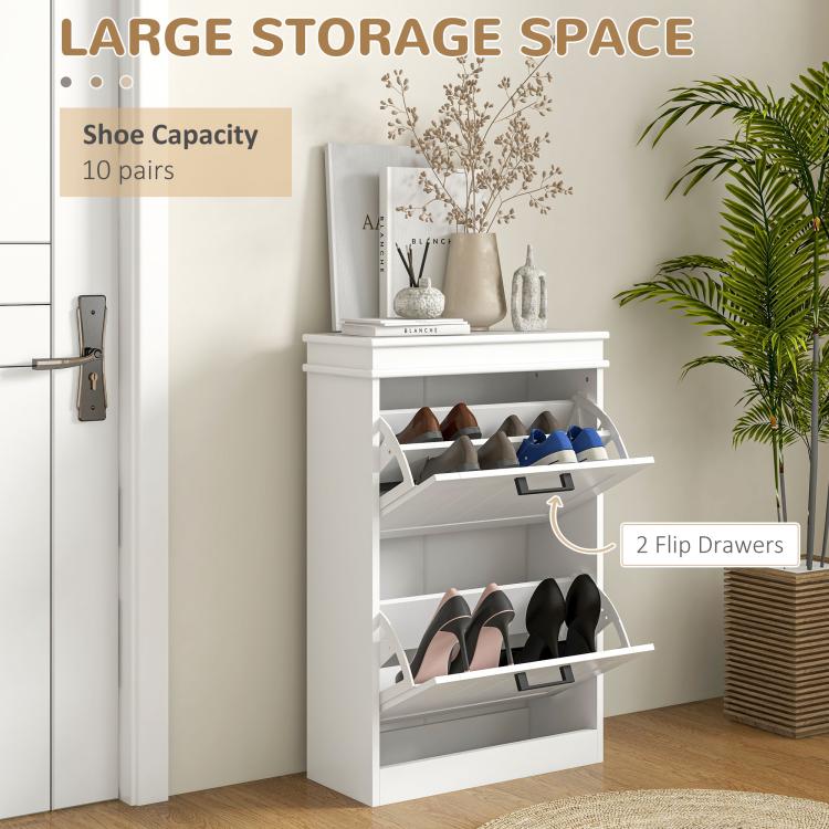 White shoe organizer cabinet with two flip drawers open, displaying multiple shoe spots
